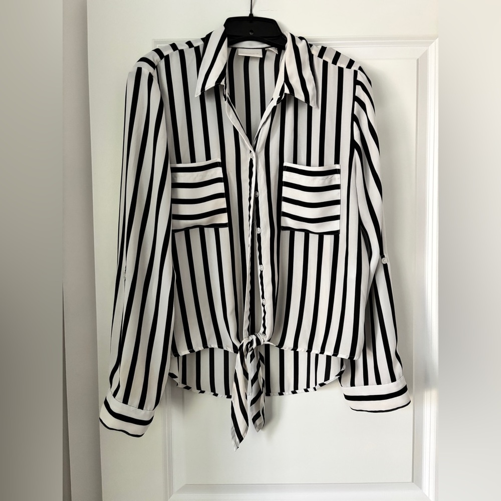 Chico's Black & White Vertical Stripe Tie-Front Shirt